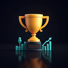 Trophy beside a microphone and rising bar charts